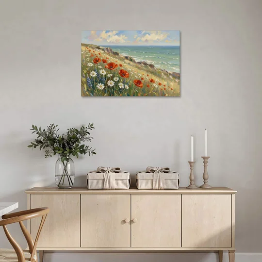 Over the Couch Wall Art with Seaside Poppies - Canvas Wall Art - Coffee Table - 36x24