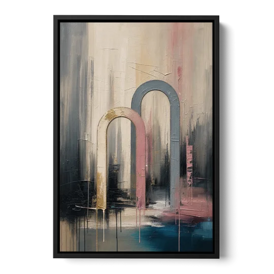 Overlapping Ivory and Slate Arches - Black Framed Canvas Wall Art - Front