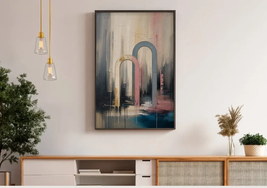 Overlapping Ivory and Slate Arches canvas wall art above a wooden sideboard under pendant lights