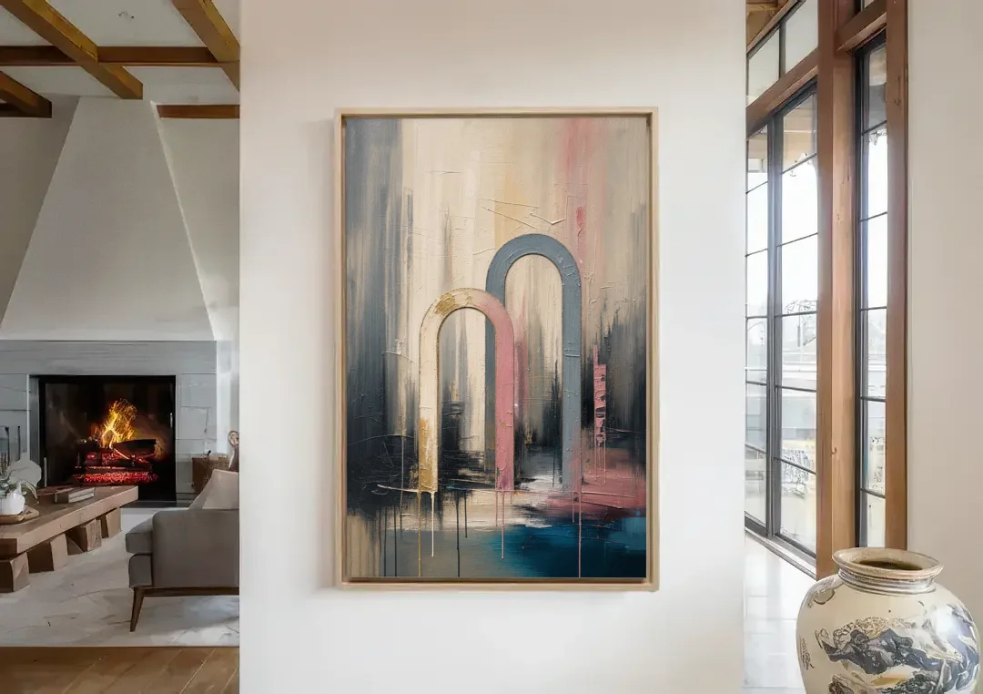 Overlapping Ivory and Slate Arches canvas wall art in a living room with a fireplace