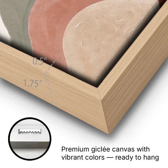 Overlapping Scalloped Hills Under a Small Sun - Oak Framed Canvas Wall Art - Gallery Wrap Corner