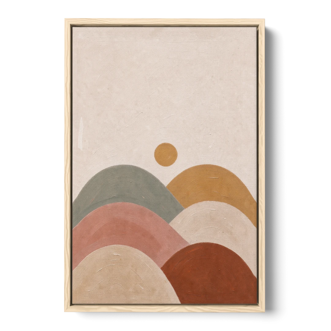 Overlapping Scalloped Hills Under a Small Sun - Oak Framed Canvas Wall Art - Front