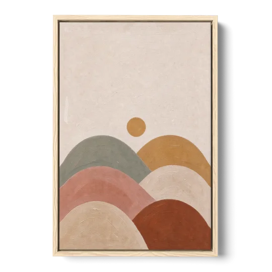 Overlapping Scalloped Hills Under a Small Sun - Oak Framed Canvas Wall Art - Front