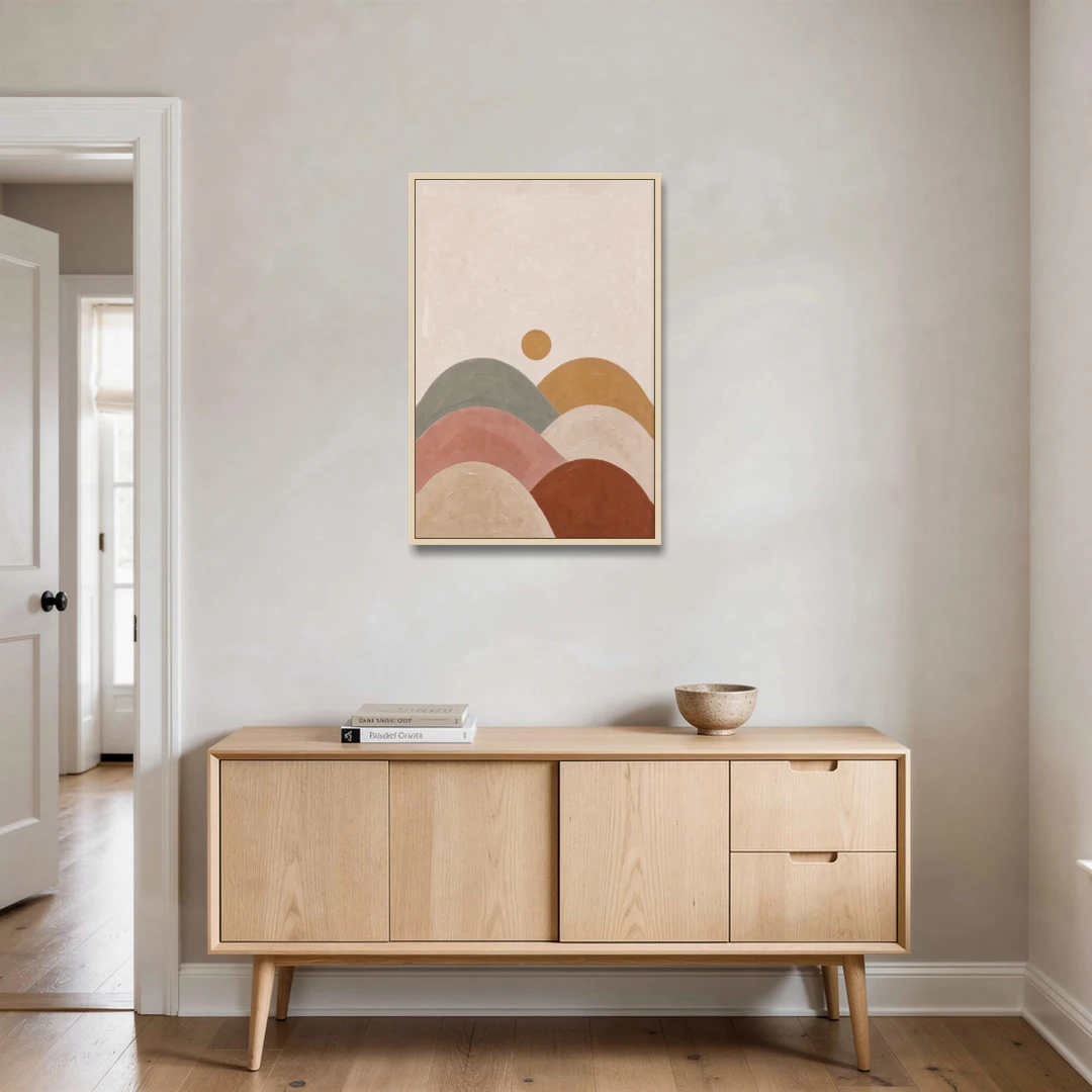 Overlapping Scalloped Hills Under a Small Sun - Oak Framed Canvas Wall Art - Coffee Table - 24x36