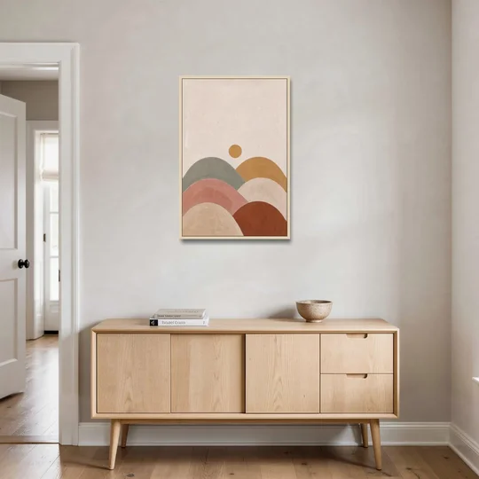 Overlapping Scalloped Hills Under a Small Sun - Oak Framed Canvas Wall Art - Coffee Table - 24x36