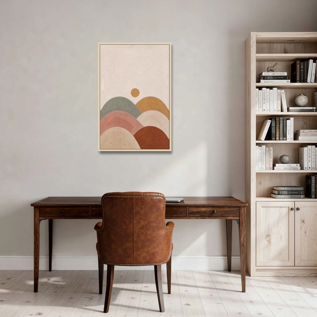 Overlapping Scalloped Hills Under a Small Sun - Oak Framed Canvas Wall Art - Office - 24x36