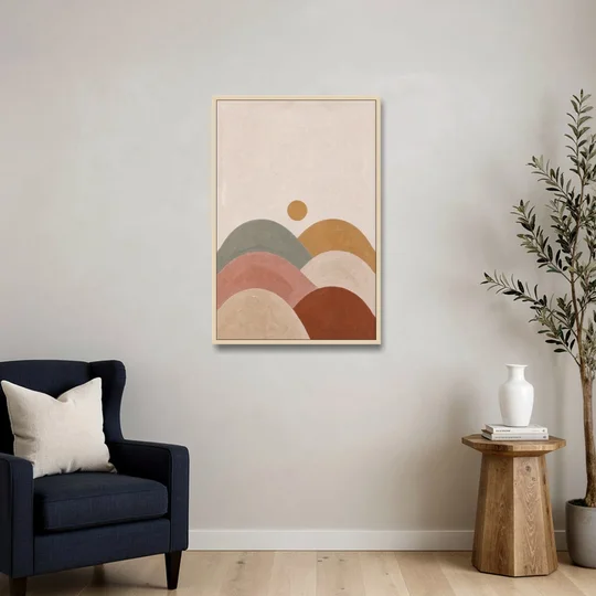 Overlapping Scalloped Hills Under a Small Sun - Oak Framed Canvas Wall Art - Sofa - 24x36