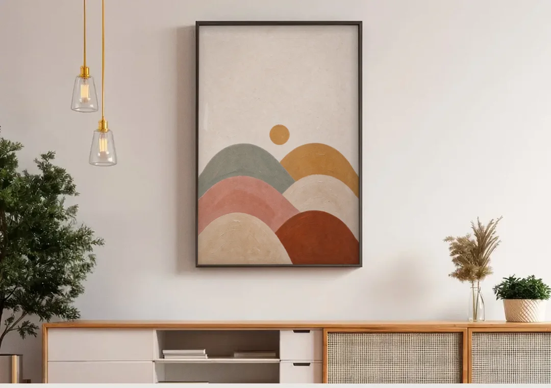 Overlapping Scalloped Hills Under a Small Sun canvas wall art above a wooden sideboard under pendant lights