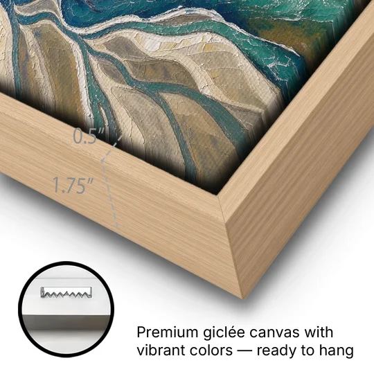 Oversized Canvas Wall Art of a Braided River Delta - Oak Framed Canvas Wall Art - Gallery Wrap Corner