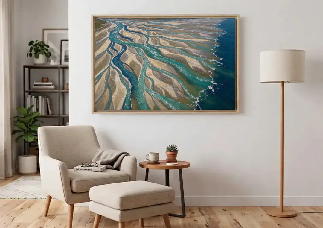 Oversized Canvas Wall Art of a Braided River Delta canvas wall art above an armchair in a bright living room