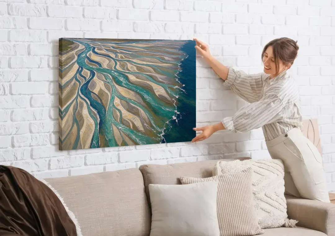 Oversized Canvas Wall Art of a Braided River Delta canvas wall art being hung on a white brick wall above a sofa