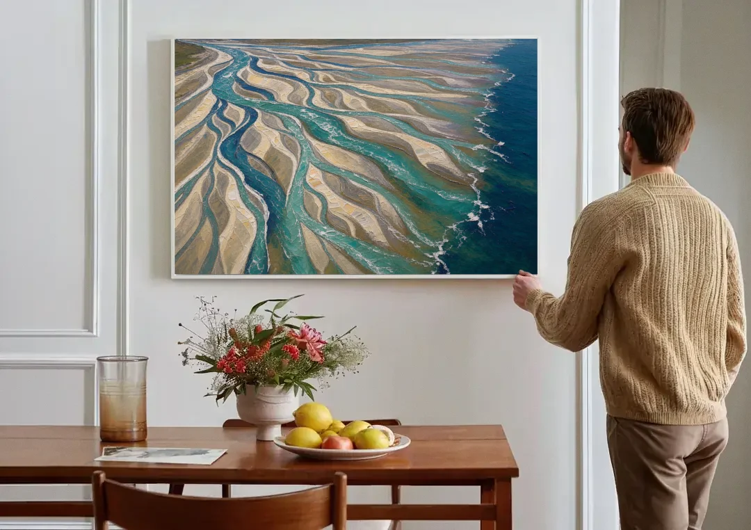 Oversized Canvas Wall Art of a Braided River Delta canvas wall art above a dining table