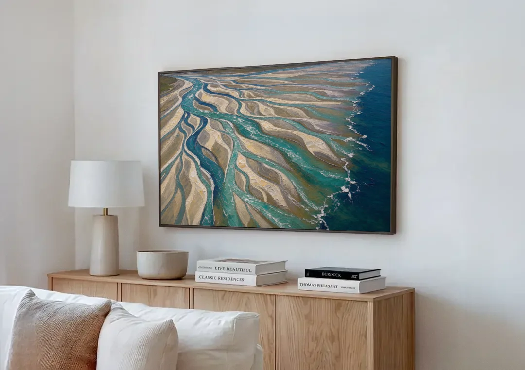Oversized Canvas Wall Art of a Braided River Delta canvas wall art above a wooden sideboard next to a sofa