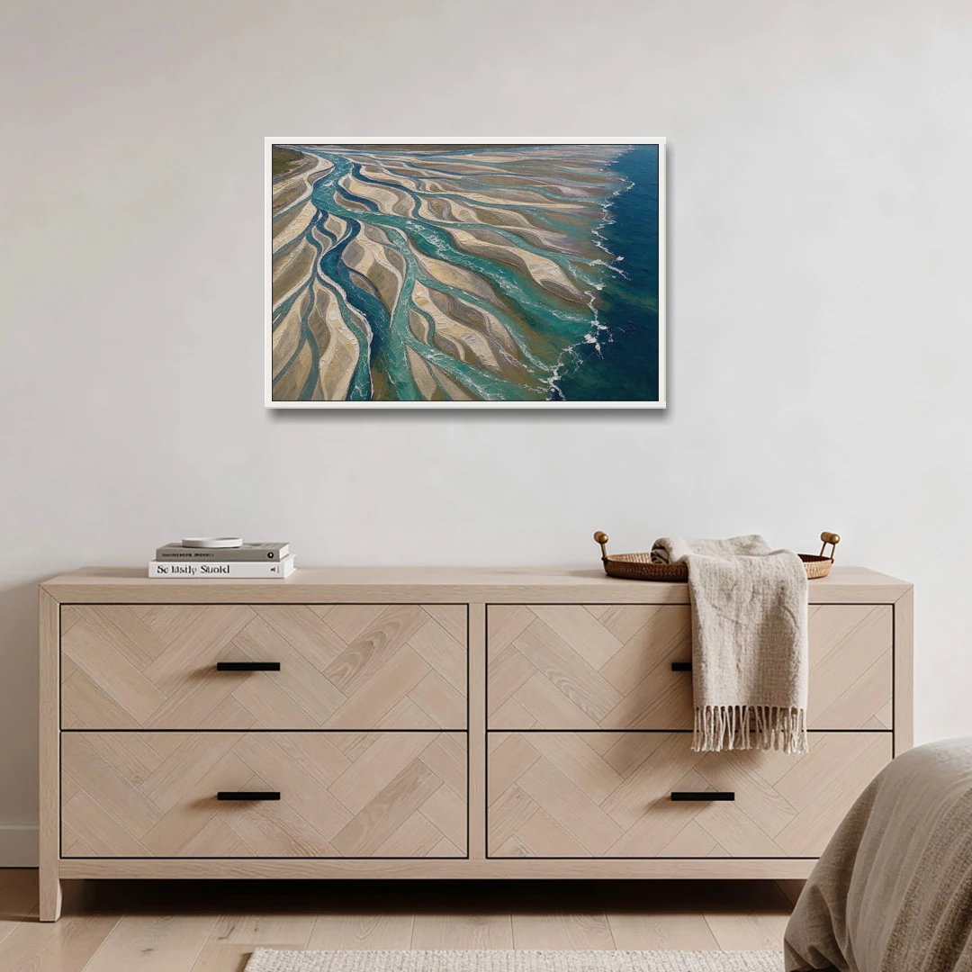 Oversized Canvas Wall Art of a Braided River Delta - White Framed Canvas Wall Art - Coffee Table - 36x24