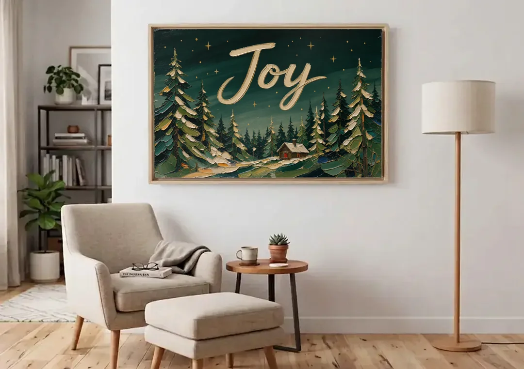 Oversized Christmas Canvas of Joy Over Snowy Pines canvas wall art above an armchair in a bright living room