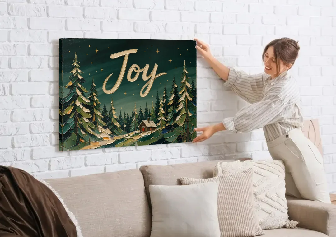 Oversized Christmas Canvas of Joy Over Snowy Pines canvas wall art being hung on a white brick wall above a sofa