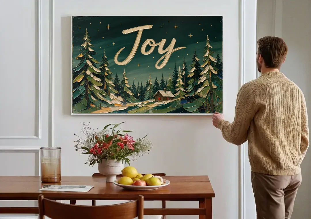 Oversized Christmas Canvas of Joy Over Snowy Pines canvas wall art above a dining table