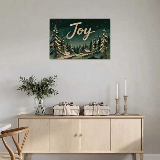 Oversized Christmas Canvas of Joy Over Snowy Pines - Canvas Wall Art - Coffee Table - 36x24