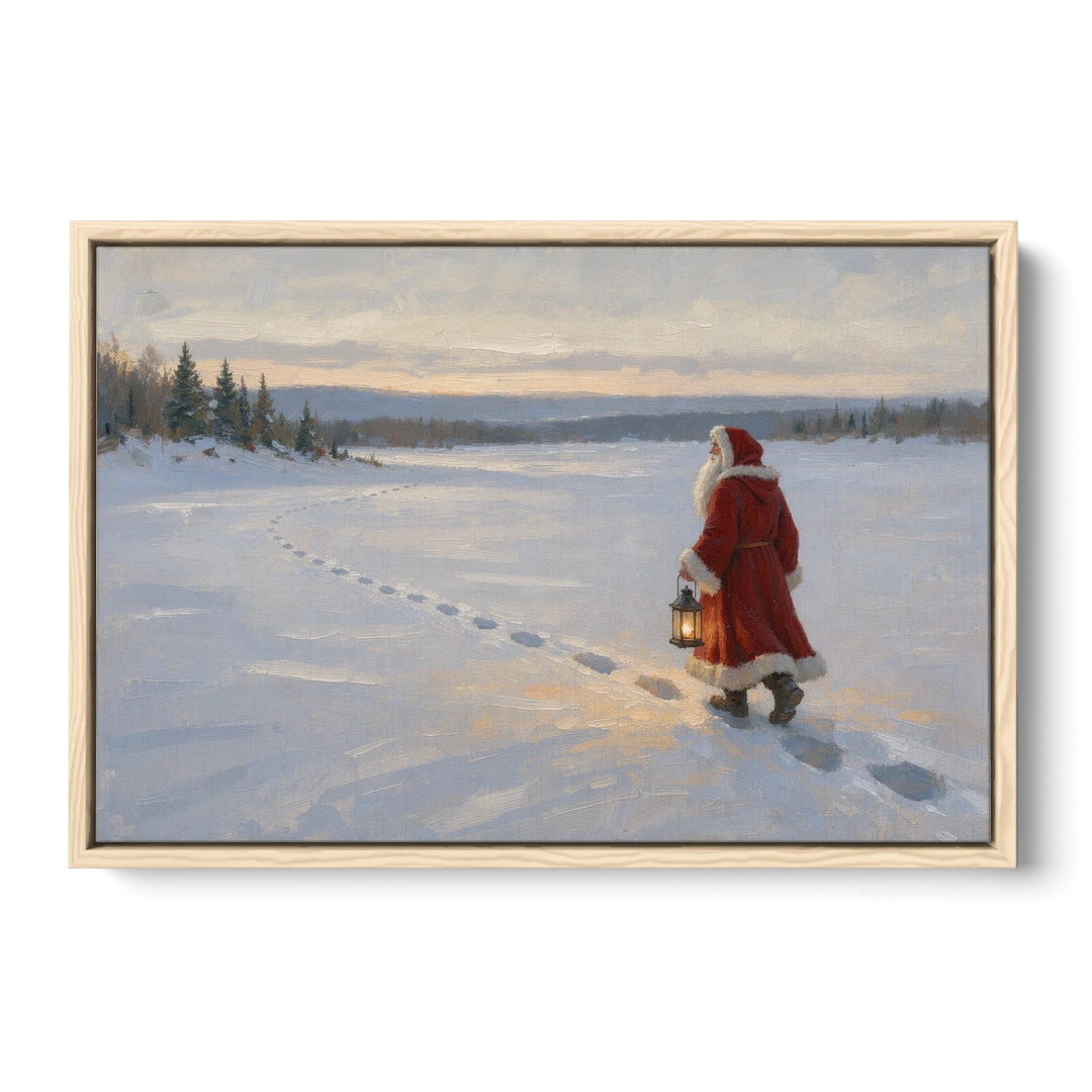 Oversized Christmas Wall Art of Santa's Lantern Walk - Oak Framed Canvas Wall Art - Front