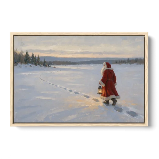 Oversized Christmas Wall Art of Santa's Lantern Walk - Oak Framed Canvas Wall Art - Front
