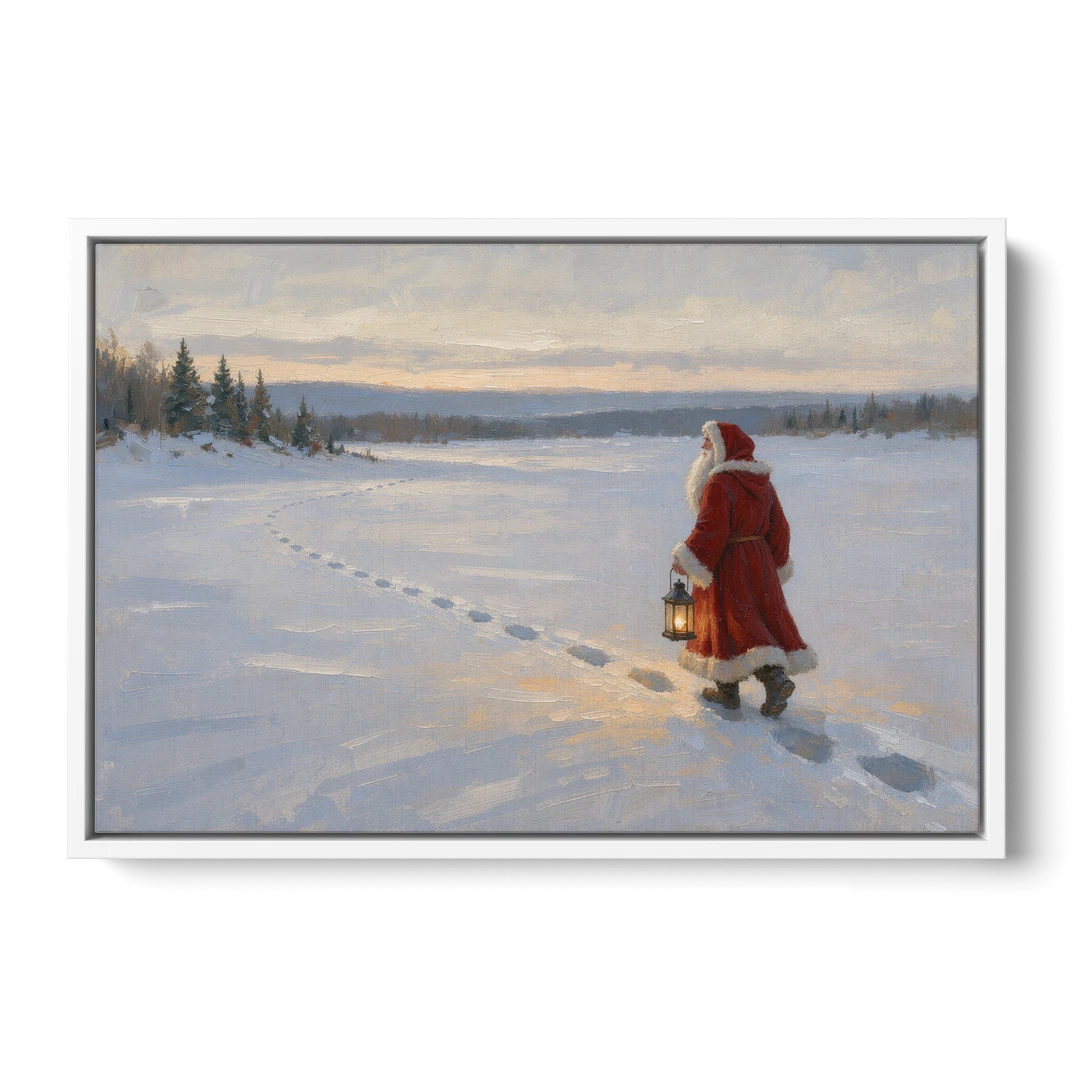 Oversized Christmas Wall Art of Santa's Lantern Walk - White Framed Canvas Wall Art - Front