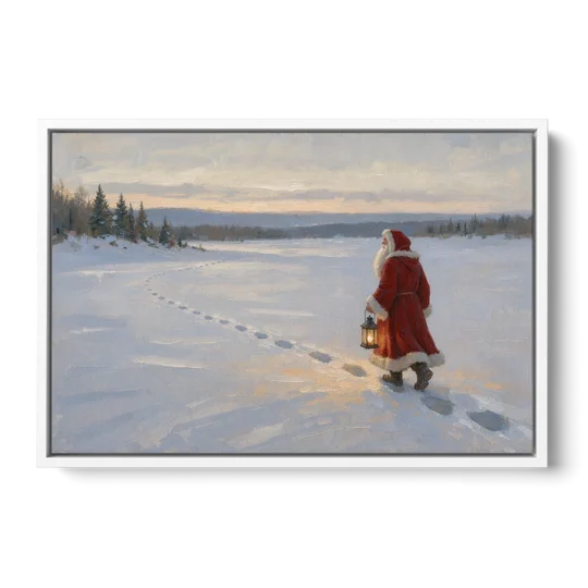 Oversized Christmas Wall Art of Santa's Lantern Walk - White Framed Canvas Wall Art - Front