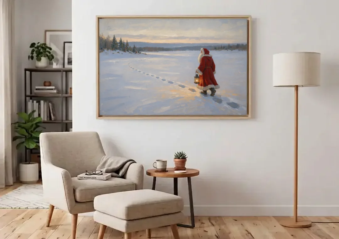Oversized Christmas Wall Art of Santa's Lantern Walk canvas wall art above an armchair in a bright living room