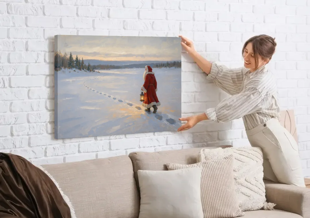 Oversized Christmas Wall Art of Santa's Lantern Walk canvas wall art being hung on a white brick wall above a sofa