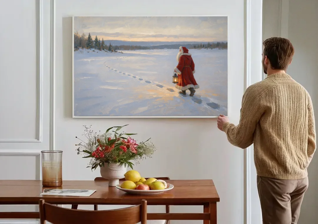 Oversized Christmas Wall Art of Santa's Lantern Walk canvas wall art above a dining table