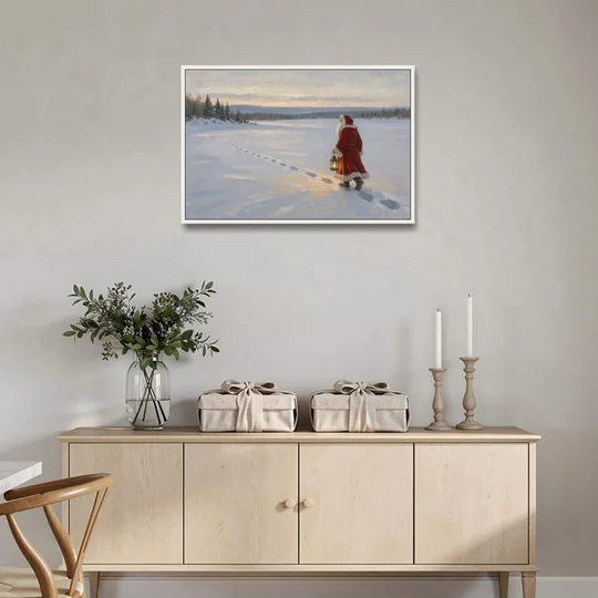 Oversized Christmas Wall Art of Santa's Lantern Walk - White Framed Canvas Wall Art - Coffee Table - 36x24