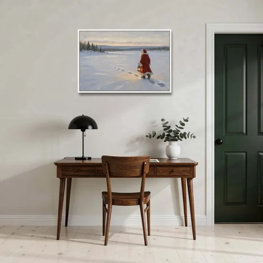 Oversized Christmas Wall Art of Santa's Lantern Walk - White Framed Canvas Wall Art - Office - 36x24