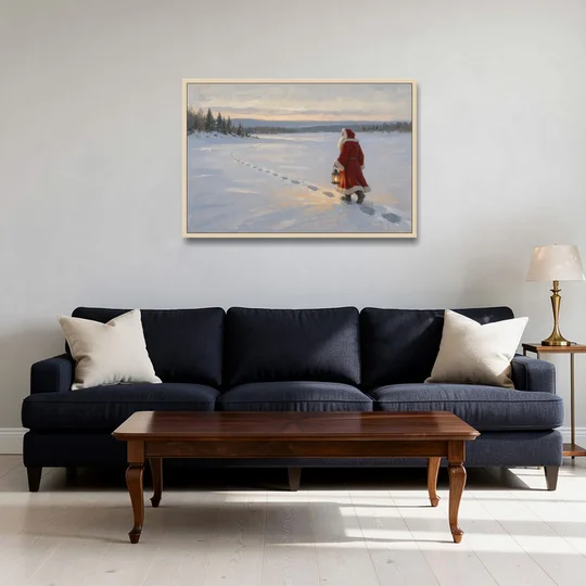 Oversized Christmas Wall Art of Santa's Lantern Walk - Oak Framed Canvas Wall Art - Sofa - 36x24