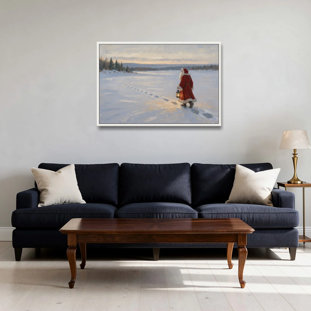 Oversized Christmas Wall Art of Santa's Lantern Walk - White Framed Canvas Wall Art - Sofa - 36x24