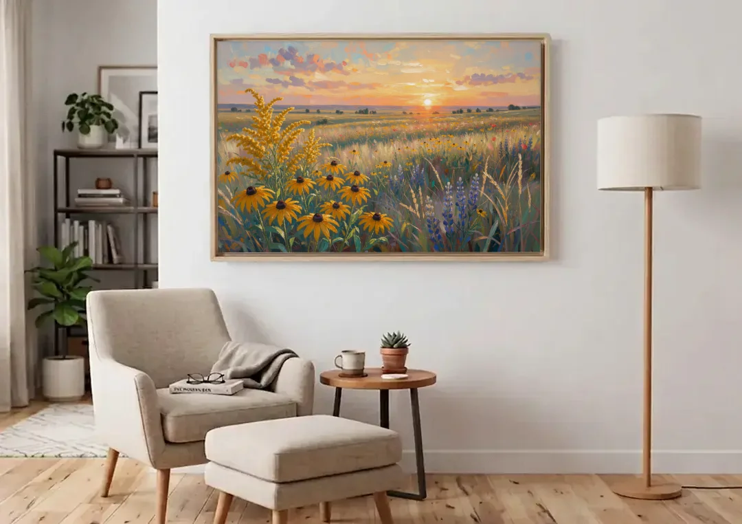 Oversized Landscape Wall Art with Goldenrod at Sunset canvas wall art above an armchair in a bright living room