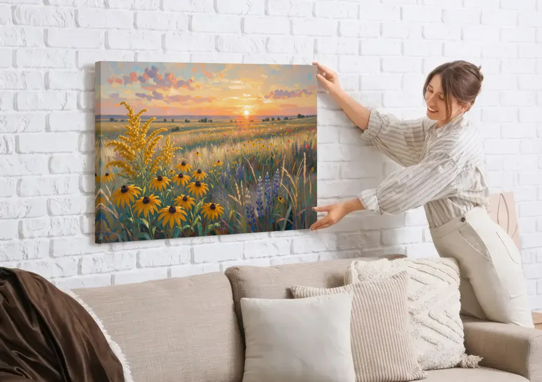 Oversized Landscape Wall Art with Goldenrod at Sunset canvas wall art being hung on a white brick wall above a sofa