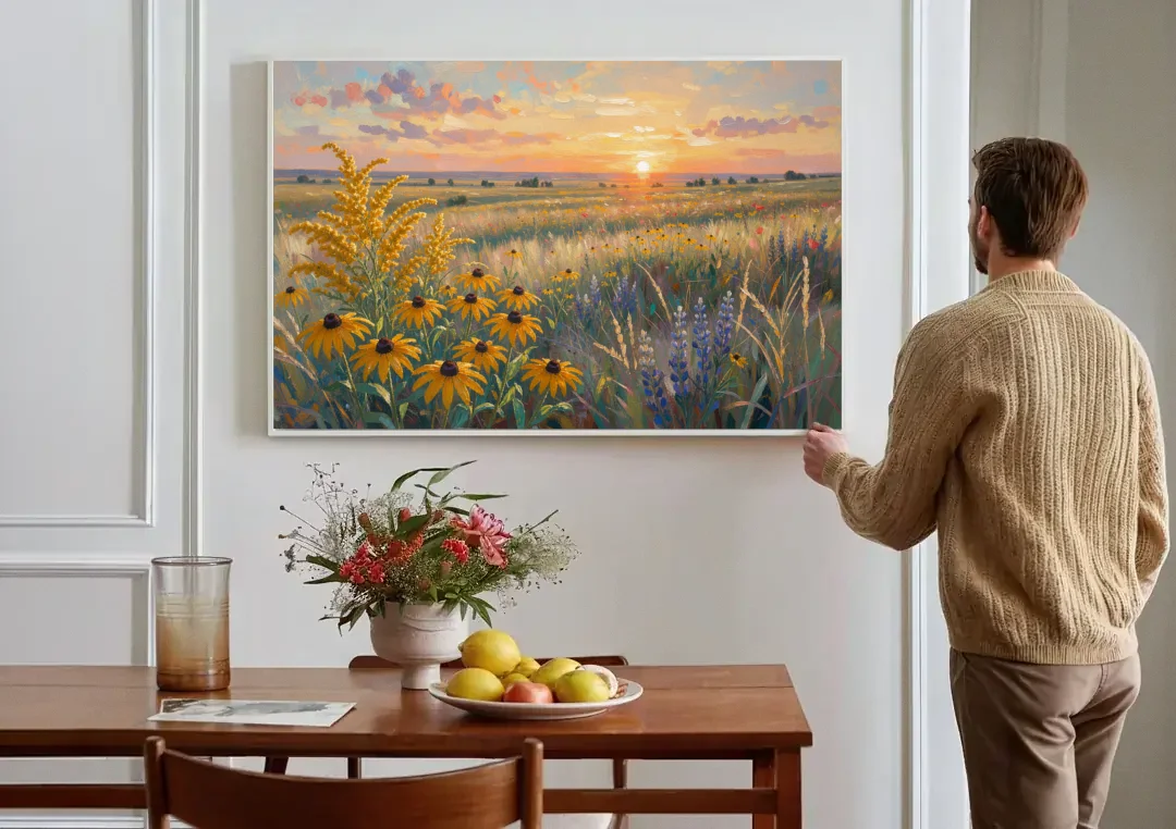 Oversized Landscape Wall Art with Goldenrod at Sunset canvas wall art above a dining table
