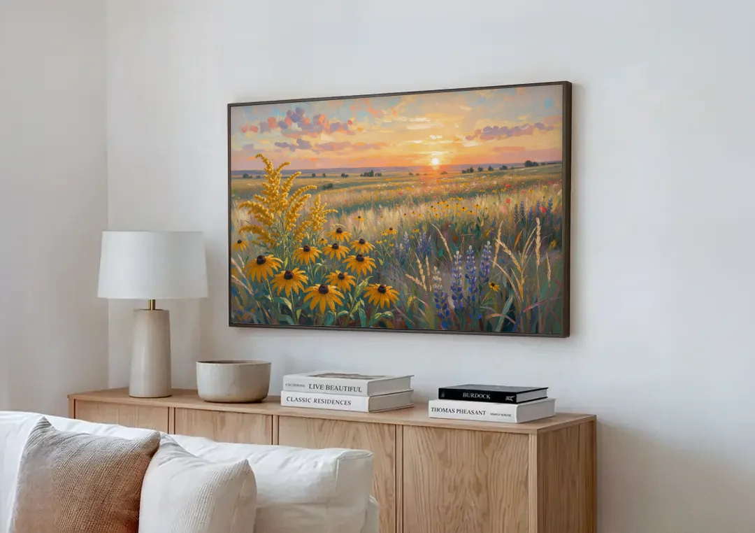 Oversized Landscape Wall Art with Goldenrod at Sunset canvas wall art above a wooden sideboard next to a sofa