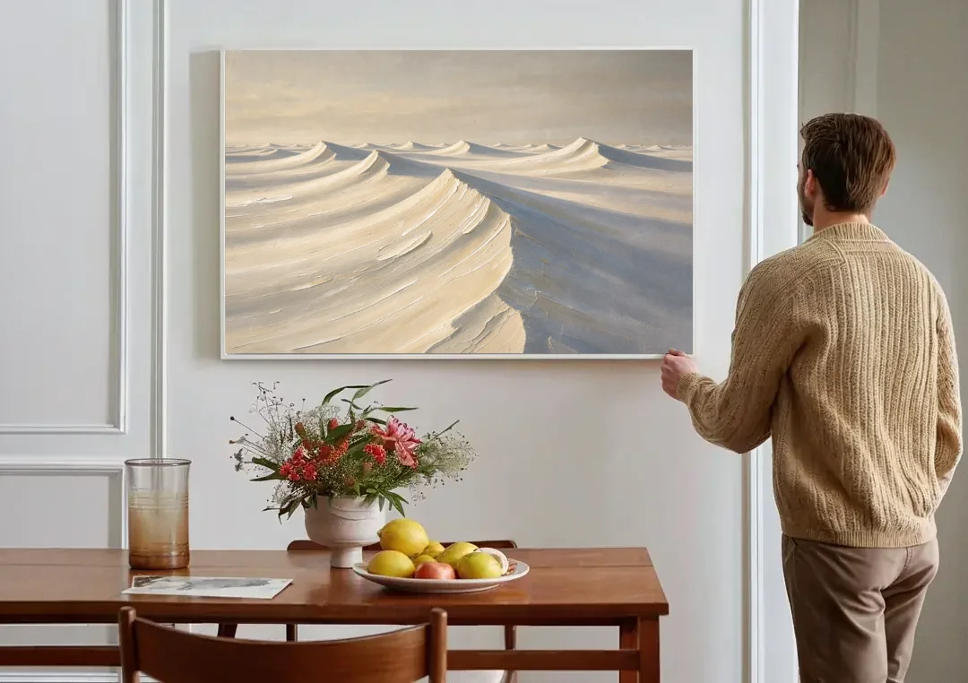 Oversized Neutral Wall Art of Curling Snow Drifts canvas wall art above a dining table