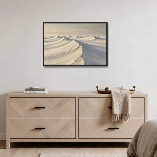 Oversized Neutral Wall Art of Curling Snow Drifts - Black Framed Canvas Wall Art - Coffee Table - 36x24