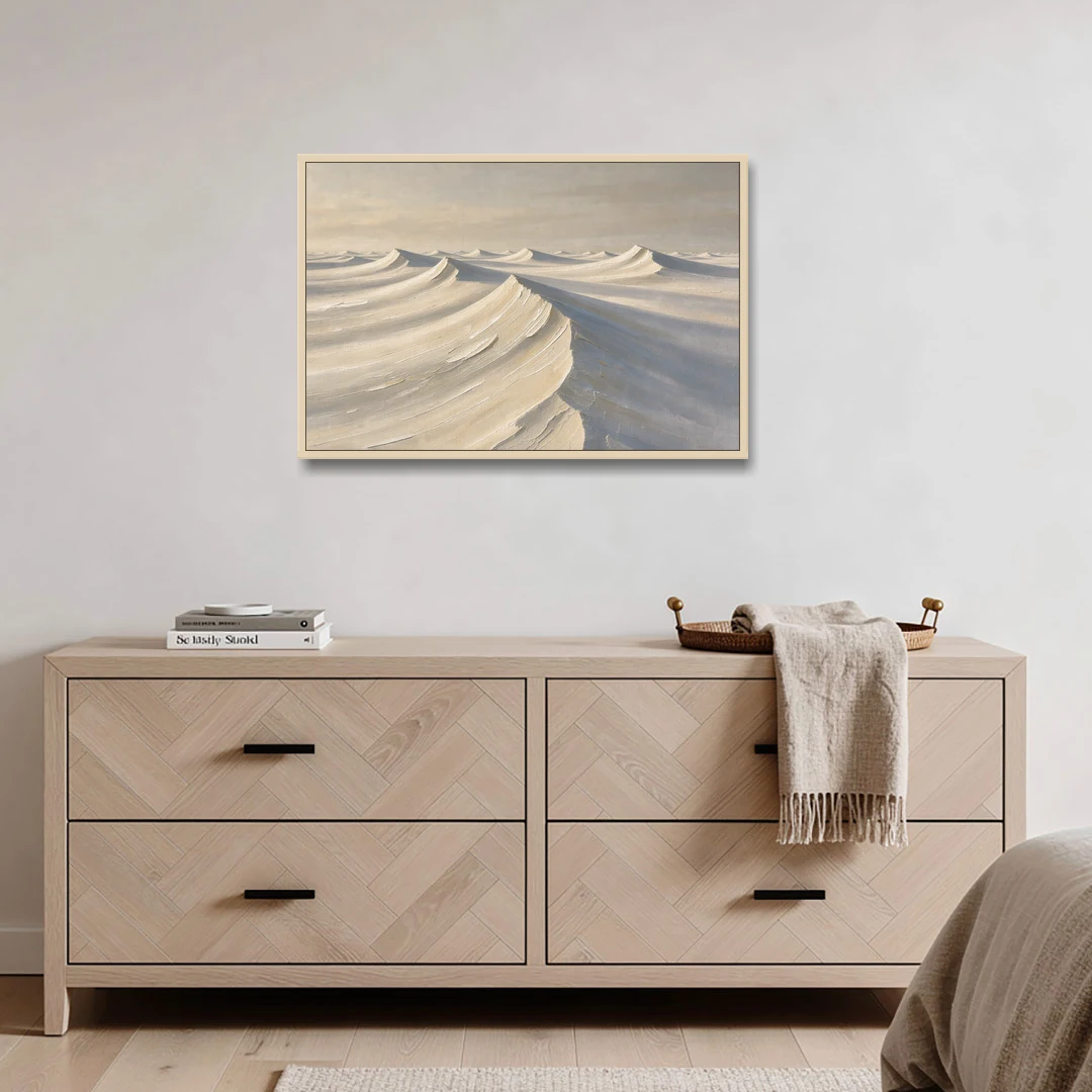 Oversized Neutral Wall Art of Curling Snow Drifts - Oak Framed Canvas Wall Art - Coffee Table - 36x24