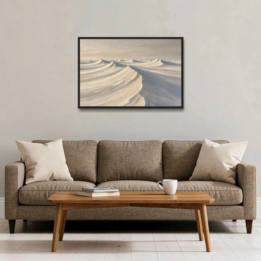 Oversized Neutral Wall Art of Curling Snow Drifts - Black Framed Canvas Wall Art - Sofa - 36x24