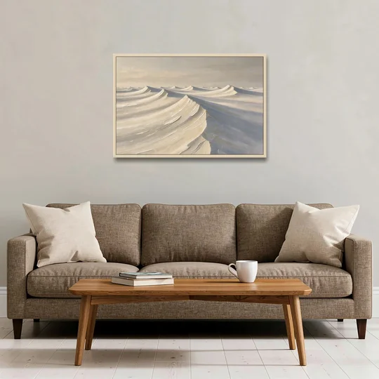 Oversized Neutral Wall Art of Curling Snow Drifts - Oak Framed Canvas Wall Art - Sofa - 36x24