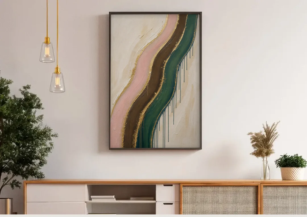 Oversized Textured Gilded Ribbon Drift canvas wall art above a wooden sideboard under pendant lights