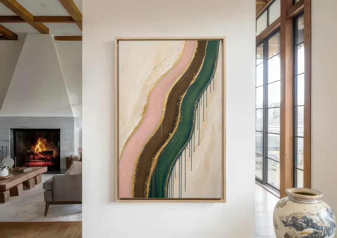 Oversized Textured Gilded Ribbon Drift canvas wall art in a living room with a fireplace