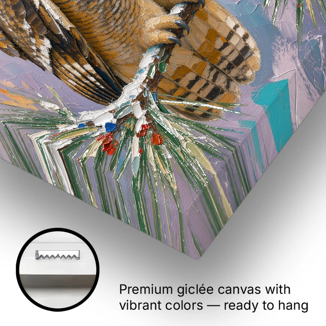 Owl Canvas Print on a Snowy Pine Bough - Canvas Wall Art - Gallery Wrap Corner