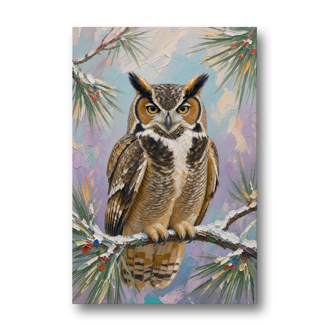 Owl Canvas Print on a Snowy Pine Bough - Canvas Wall Art - Front
