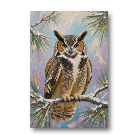 Owl Canvas Print on a Snowy Pine Bough - Canvas Wall Art - Front