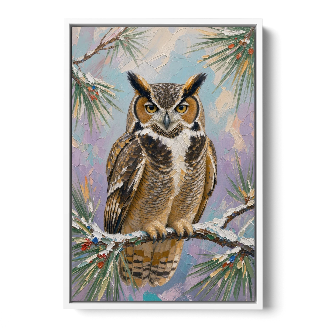 Owl Canvas Print on a Snowy Pine Bough - White Framed Canvas Wall Art - Front