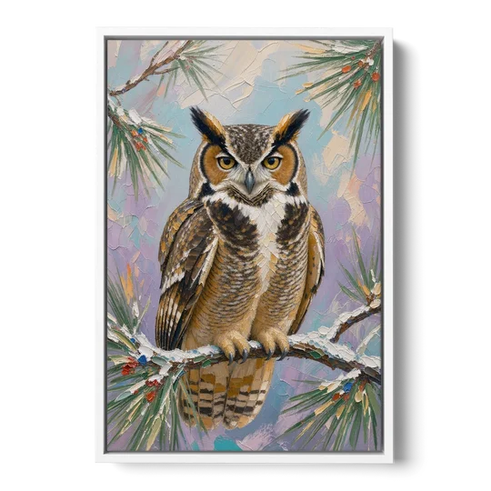 Owl Canvas Print on a Snowy Pine Bough - White Framed Canvas Wall Art - Front