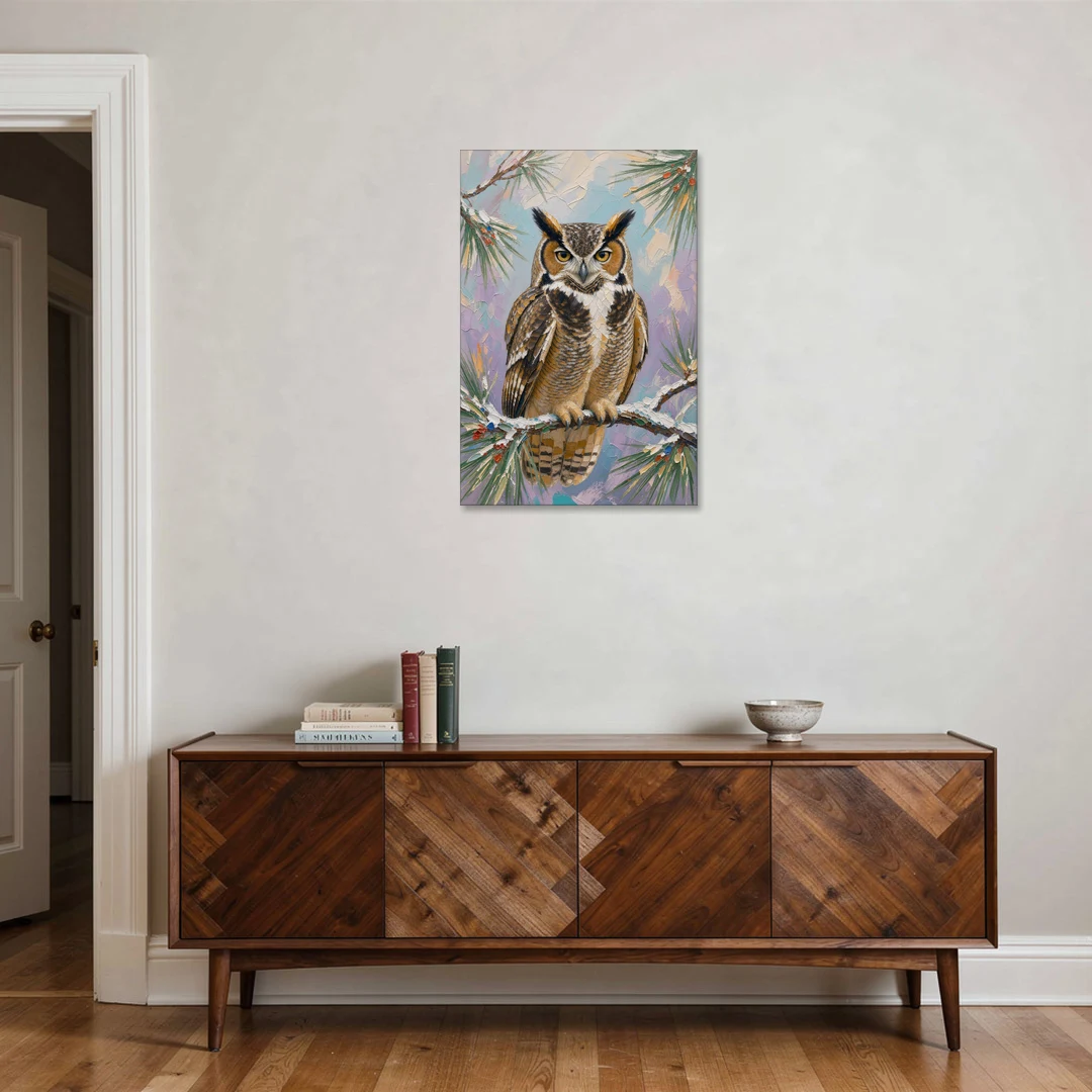 Owl Canvas Print on a Snowy Pine Bough - Canvas Wall Art - Coffee Table - 24x36